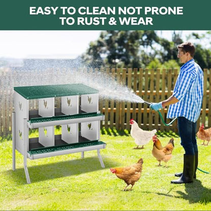 6-Compartment Chicken Nesting Box, Heavy Duty Galvanized Steel Poultry Nest Box, Wall Mount/Freestanding Design for Hens, Ducks, Backyard Homesteads & Farm Use, Dark Green, 10 Mats &4 Eggs, With Stand - color: Dark Green, size: 6 Room&Mat eggs