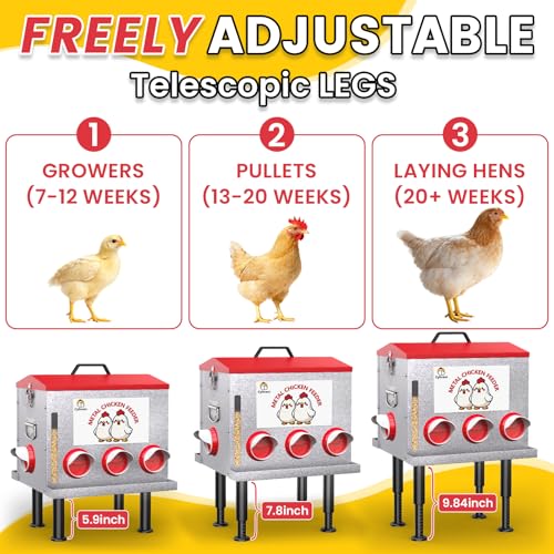 10-Gal 55LB Metal Chicken Feeder with Window, Dual No-Waste Design, Automatic Large Chicken Feeder for Outdoor Coops, Rust-Proof Alloy Steel Poultry Feeder with Adjustable Legs (Red)