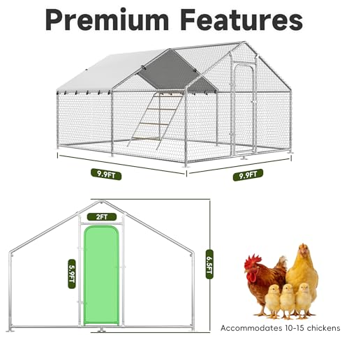 Large Metal Chicken Coop with Waterproof and UV-Resistant Cover,Chicken Run Outdoor Walk-in Cage Rabbit Duck Hen House for Yard Farm Use Spire Roof (10’ W x 9.9’ L x 6.4’ H) - size: 119.0"L x 119.0"W x 78.0"H