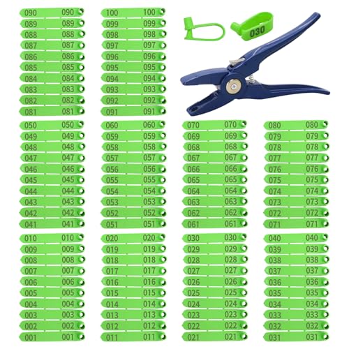 Livestock Ear Tags for Sheep 001-100 Number Plastic Goat Tag Animal Identification with Punch Applicator Plier Tools for Goats Sheep Pigs (Green, 001-100) - color: Green