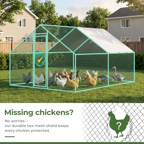 Large Chicken Coop Metal Walk-in Run 10.1' x 13' x 6.6', Heavy Duty Galvanized Steel Cage with Waterproof Cover, Secure Lock, Outdoor Pen Enclosure for Hens, Ducks, Rabbits