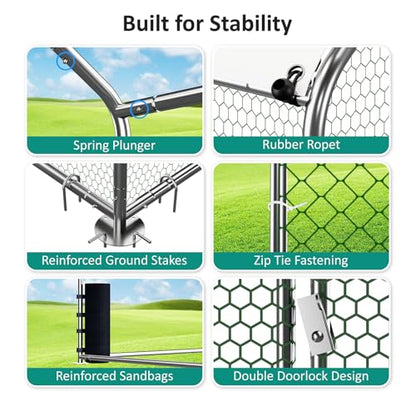 Large Metal Chicken Coop, Walk-in Chicken Run with Feeding Door, Security Lock and Cover, Outdoor Duck/Rabbit Cage Poultry Pen for Backyard, Farm, Yard (Silver - Dome Roof, 26.2 x 9.8 x 6.6 FT) - size: 314.0"L x 118.1"W x 78.7"H