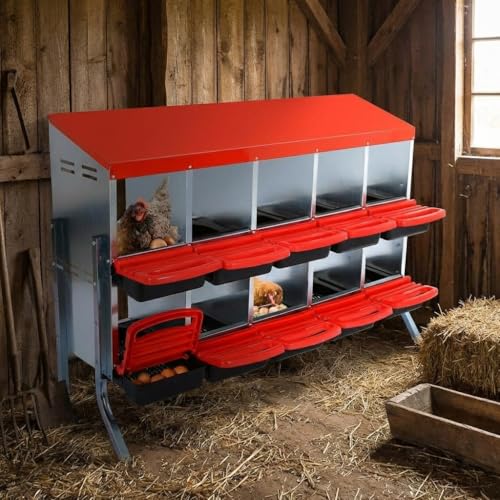 GarveeLife Chicken Nesting Box, 10 Compartments Nesting Boxes for Chickens, Chicken Laying Boxes with Metal Leg, Roll Away Nesting Box for Chickens Laying Egg to Protect Eggs, Red - color: red, size: 50.7"L x 20.5"W x 37.4"H