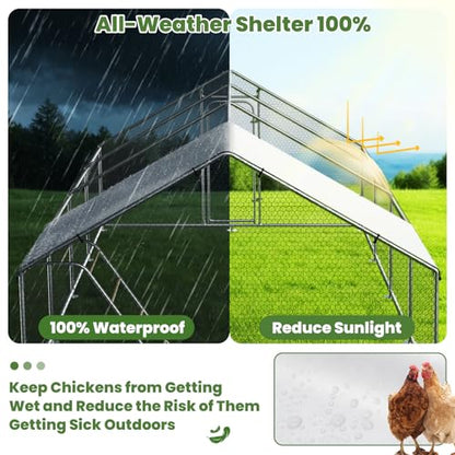 Large Metal Chicken Coop with Roosting Perch, Waterproof and UV Protection Cover, Chicken Run Outdoor Walk-in Cage Chicken Rabbit Duck Hen House for Yard Farm Use Spire Roof (10’ W x 26.2’ L x 6.4’ H) - size: 315.0"L x 118.0"W x 78.0"H