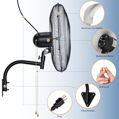 Garvee 20 Inch Oscillating Wall Mount Fan, 3 Speed High Velocity 4800 CFM Industrial Wall Fan, 90° Oscillation & 30° Tilt Cooling,Wall Fan for Home, Offices, Garage, Commercial, Warehouse - size: 20 Inch