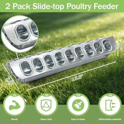 Potchen 2 Pcs Slide-top Poultry Feeder Durable Galvanized Metal Chicken Feeder Trough with Removable Top Trough Multi-Hole Tray for Pigeon Quails Duckling Birds Duck Chicken(15.5 Inch) - size: 15.5 Inch