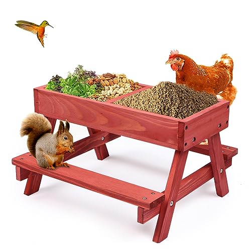 Chicken Picnic Table, Chicken Feeder No Waste Handmade Wooden, Large DIY Chicken Feeder Kit, Wild Bird, Duck & Squirrel Feeders, Mesh Bottom Keep Food Fresh and Dry Easy to Clean and Fill（Red Paint - color: Red Solid Wood