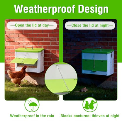 Hanging Chicken Feeder No Waste,20LBs Metal Chicken Feeder with Rainproof Cover & Lockable Flip-Door,Wall-Mount Heavy Duty Feeder for Chicken Coop and Outdoor Use