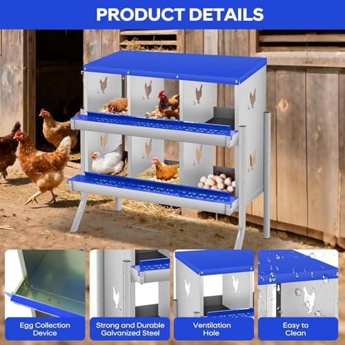 Secure & Durable Build - Heavy-Duty Galvanized Steel Chicken Nesting Box - 6 Compartments, Wall-Mounted, Easy Egg Collection & Cleaning, Blue, 84.5x42x90.3cm, 6 Compartments - color: Blue-6 Compartments with legs