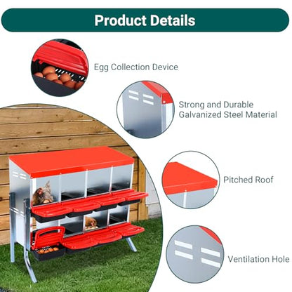 Chicken Nesting Box 8 Compartments - Metal Roll Away Nesting Boxes for Chicken Coop, Egg Collection System, Laying Boxes for Hens with Legs, Lid Cover to Protect Eggs, Easy Egg Collection & Clean