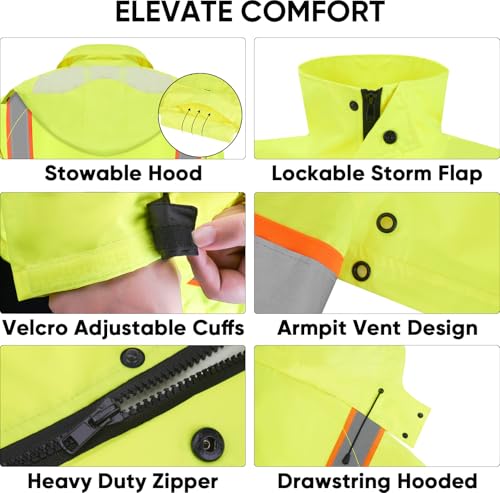 TICONN Reflective Rain Coat, Waterproof Hi Vis Safety Rain Jacket, Heavy Duty ANSI Class 3 High Visibility Trench Coat - size: XX-Large