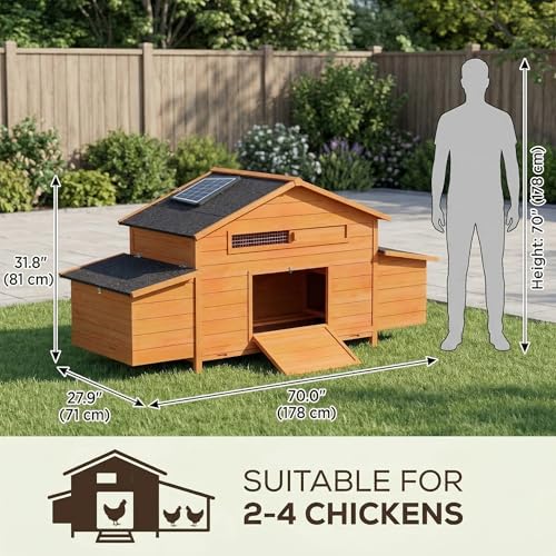 Wooden Chicken Coop with Solar Automatic Door, Predator-Proof Outdoor Hen House with 2 Nesting Boxes & Deep Pull-Out Tray, All-Weather Poultry Cage for Backyard ([2-4] Chickens)