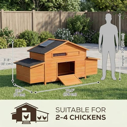 Wooden Chicken Coop with Solar Automatic Door, Predator-Proof Outdoor Hen House with 2 Nesting Boxes & Deep Pull-Out Tray, All-Weather Poultry Cage for Backyard ([2-4] Chickens)