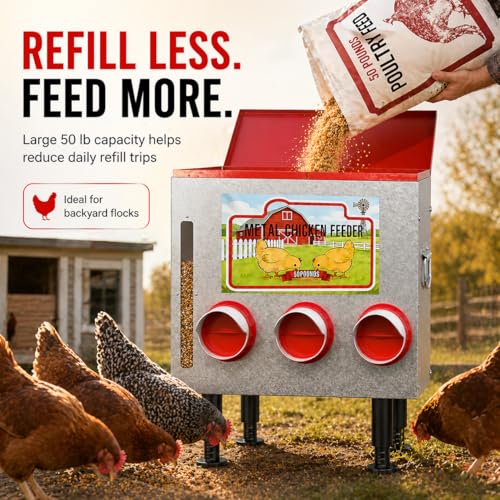 50LBS Metal Chicken Feeder Dispenser with Lid, Adjustable Legs, 8 Feeding Ports, No-Waste & Rodent-Proof Design, Visual Feed Level Indicator, Durable Outdoor Poultry Feeder for Chickens, and Geese