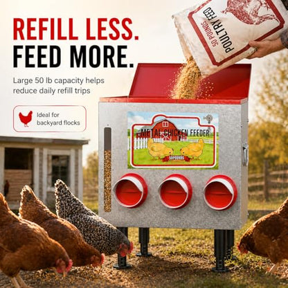 50LBS Metal Chicken Feeder Dispenser with Lid, Adjustable Legs, 8 Feeding Ports, No-Waste & Rodent-Proof Design, Visual Feed Level Indicator, Durable Outdoor Poultry Feeder for Chickens, and Geese