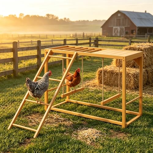 Wooden Chicken Activity Center with Ladder, Swings, and Perches, Fir Wood, 39.25" x 43.25" x 27.5", Yellow