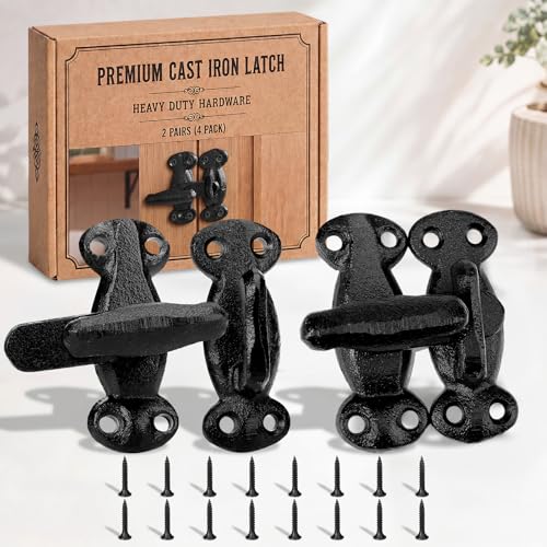 Moxweyeni 2 Pack Vintage Cabinet Latch Cast Iron Flip Latch Set with 4 Handles&16 Screws - Black Heavy Duty Rustic Cabinet Hasp Slide Lock for Antique Window Door Hasp Security Rust-Resistant