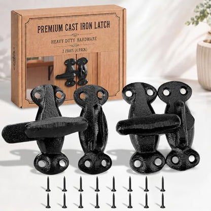 Moxweyeni 2 Pack Vintage Cabinet Latch Cast Iron Flip Latch Set with 4 Handles&16 Screws - Black Heavy Duty Rustic Cabinet Hasp Slide Lock for Antique Window Door Hasp Security Rust-Resistant