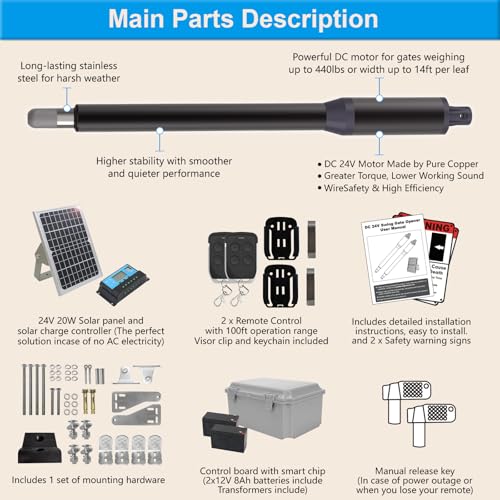C01-L Solar Gate Openers with Batteries & Solar Panel for Dual Swing Gate Up to 14ft Long or 440lb Per Arm, Automatic Gate Openers for Driveway Dual Swing Gate with Long-Range Gate Opener Remote - size: Solar Dual Swing Gate Opener