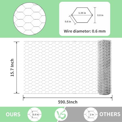 Chicken Wire 15.7 in x 590.5 in Poultry Wire Netting Hexagonal Galvanized Mesh Garden Fence Barrier for Pet Rabbit Chicken Fencing with 100 Pcs Cable Zip Ties - color: Silver, size: 15.7"x590.5"+100Ties