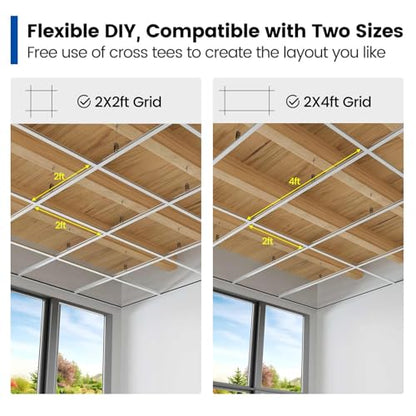 Muzata 64 Sq Ft Drop Ceiling Grid System White Complete Set Galvanized Steel Grid Kit Easy Installation for Basement Living Room Kitchen Bathroom Ceiling, TS04