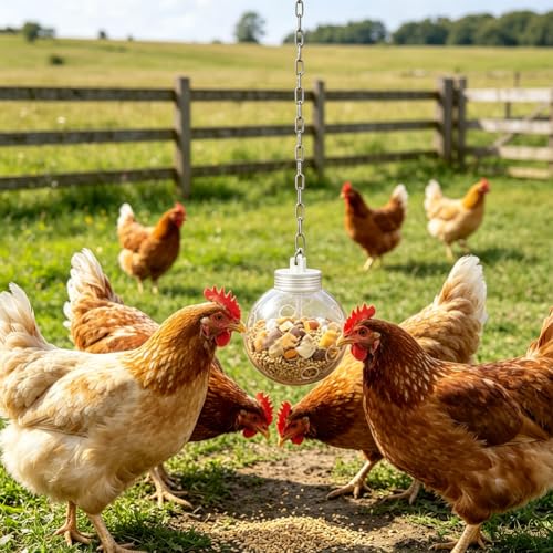 2pcs Chicken Treat Dispenser Toy,Interactive Slow Feeder Hanging Ball with Chain,Chicken Pecking Foraging Enrichment Toy, Coop Accessories for Hens Poultry Duck Birds Parrots (1)