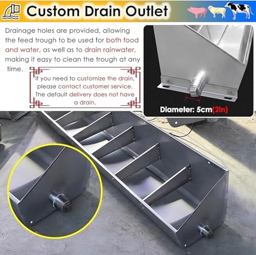 Fengfei Heavy Duty Stainless Steel Hanging Livestock Feed Trough, Sloped Opening for Easy Feeding, Separated Fence Design for Pig Sheep Cattle,59 inch Long with 8 Bit | Sloped Opening for Easy Feeding, Separated Fence Design, For Pig Sheep Cattle - size: