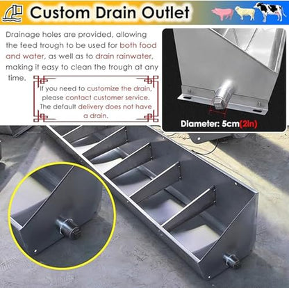 Fengfei Heavy Duty Stainless Steel Hanging Livestock Feed Trough, Sloped Opening for Easy Feeding, Separated Fence Design for Pig Sheep Cattle,59 inch Long with 8 Bit | Sloped Opening for Easy Feeding, Separated Fence Design, For Pig Sheep Cattle - size: