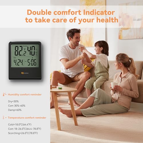 Indoor Thermometer, Room Thermometer and Hygrometer with Clock, Temperature and Humidity Meter with Clock, Double Comfort Indicator, Time, Date(Black) - color: Black