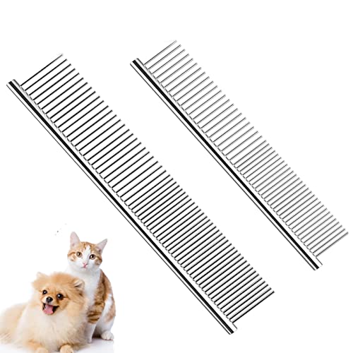 Dog Combs for Grooming, 2 Pack Metal Dog Comb with Rounded Teeth, Stainless Steel Cat Comb for Removing Tangles and Knots for Dogs and Cats