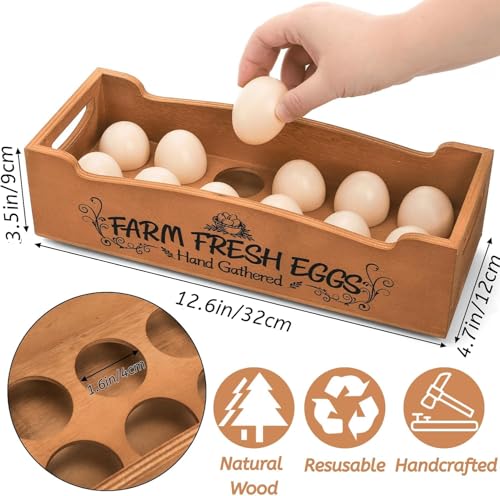 YOUEON Wooden Egg Holder for Countertop, Stackable 2-Tier Egg Crates for 24 Eggs with Handle, Farmhouse Rustic Pinewood Egg Storage Box with “Farm Fresh Eggs” Print, No Assembly Needed
