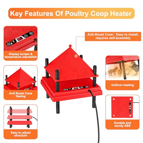 ZenxyHoC Brooder Plate for Chicks with Anti-Roost Cone, Chick Brooder Heater Red 10" x 10" with Digital Display Temperature Control - size: 10" x 10" with Digital display temperature control