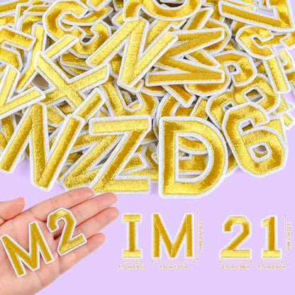 ASTARON 72 Pcs Iron on Letters and Numbers Patches, 1.5 Inch Letters A-Z Numbers 0-9 Embroidered Applique Patches Alphabet Cloth Patch for Clothes, Bags, Socks, Jeans, Hat, DIY Accessories(Gold) - color: Gold