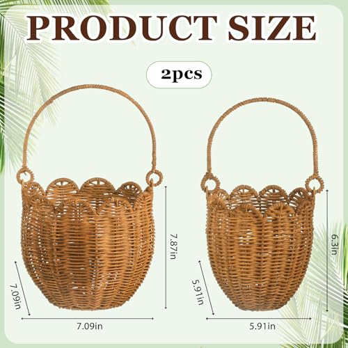 2 Pack Wicker Easter Basket, Scalloped Easter Baskets with Handle, Hand Woven Picnic Basket Rattan Storage Baskets for Egg Hunt Organizing Party Gifts Favors