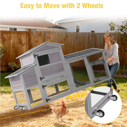 Aivituvin Large Chicken Coop Wooden with Wheels, Mobile Chicken Coop with Nesting Box & Waterproof Asphalt Roof, Expandable Chicken Cage with Run for 2–3 Chickens, Duck House - color: Grey, size: 80.6"L x 26.6"W x 42.4"H