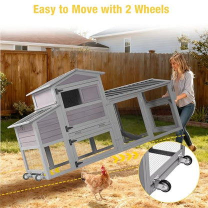 Aivituvin Large Chicken Coop Wooden with Wheels, Mobile Chicken Coop with Nesting Box & Waterproof Asphalt Roof, Expandable Chicken Cage with Run for 2–3 Chickens, Duck House - color: Grey, size: 80.6"L x 26.6"W x 42.4"H