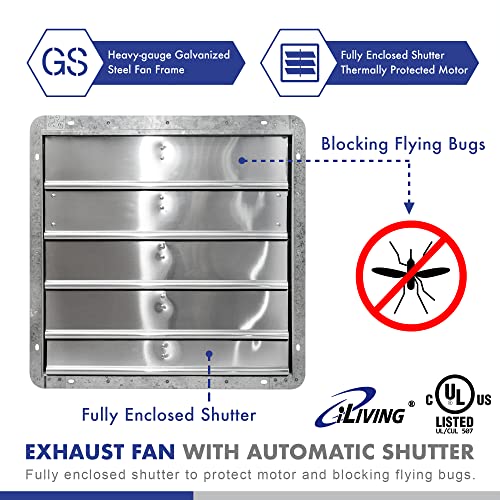 iLIVING 20" Wall Mounted Shutter Exhaust Fan, Automatic Shutter, with Thermostat and Variable Speed controller, 2.2A, 3368 CFM, 5000 SQF Coverage Area Silver (ILG8SF20V-ST) - size: 20 Inches
