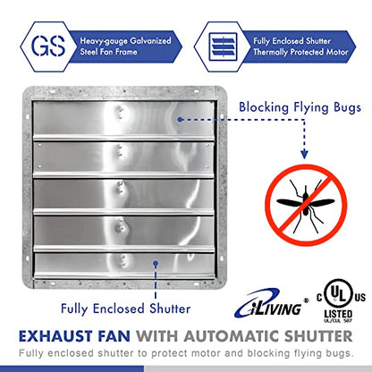 iLIVING 20" Wall Mounted Shutter Exhaust Fan, Automatic Shutter, with Thermostat and Variable Speed controller, 2.2A, 3368 CFM, 5000 SQF Coverage Area Silver (ILG8SF20V-ST) - size: 20 Inches