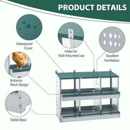 6 Compartments Chicken Egg Nesting Box, Roller Design, Green Metal, 33x16.3x25.6 inches, Wall Mounted, Easy Clean Rust Free Chicken House Egg Box