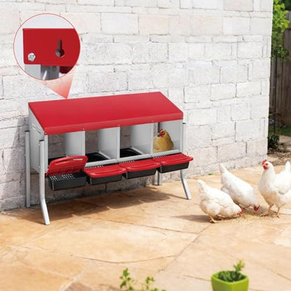 Garvee Nesting Boxes for Chickens - 4 Compartment Metal Stainless Steel Chicken Nesting Boxes with Pull-Out Trays,Hen Roosting & Laying Eggs,Roll Away Design,Easy to Install and Easy to Clean - color: Red, size: 4 Holes with legs