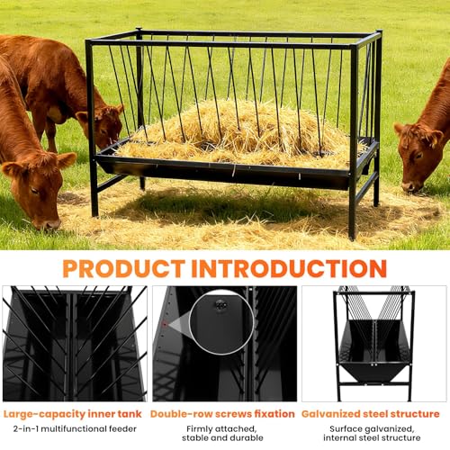 Pasture Hay Feeder 70 Gallon, Heavy-Duty Hay Grain Livestock Feeder, Carbon Steel Metal Goat Hay Feeder for Sheep, Calf, Cow and Horse, Quick to Assemble - color: Black