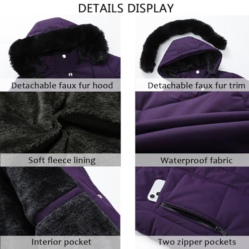 MOERDENG Women's Winter Puffer Coat Thicken Fleece Lined Down Jacket Waterproof Faux Fur Detachable Hooded Parka - color: Purple, size: X-Large