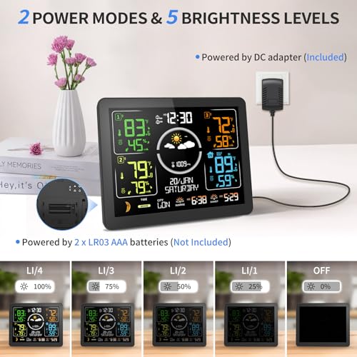 Weather Stations Wireless Indoor Outdoor Thermometer with Multiple Sensors, 7.5" VA Display Weather Forecast Station with Atomic Clock, Temperature, Humidity and Adjustable Backlight for Home