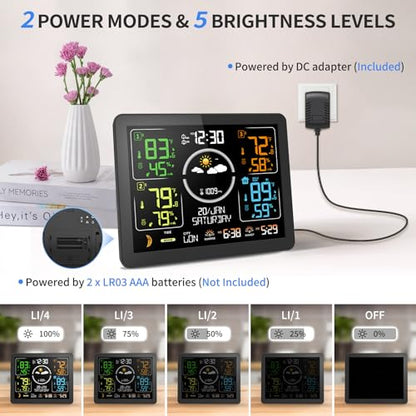 Weather Stations Wireless Indoor Outdoor Thermometer with Multiple Sensors, 7.5" VA Display Weather Forecast Station with Atomic Clock, Temperature, Humidity and Adjustable Backlight for Home