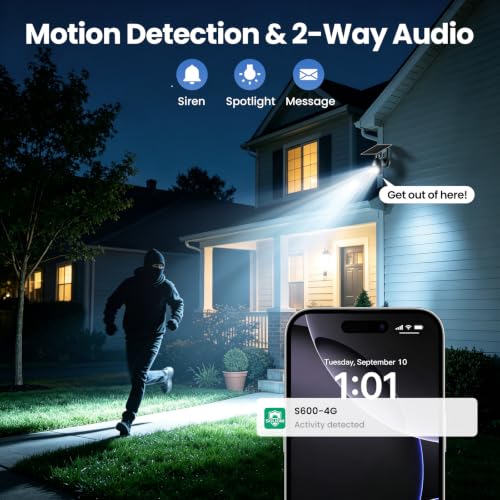 SOLIOM 4G LTE Security Camera, Solar Wireless Cellular Security Camera, 360° Pan Tilt View with Spotlight, 1080P Night Vision, 2-Way Talk, PIR Motion Sensor, No WiFi, Black - color: Black