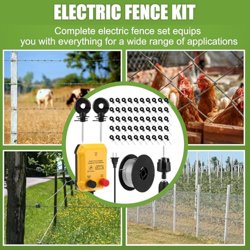 MorningRo Electric Fence Charger Set 110VAC 0.35 Joule Electric Plug in Fence to Contain Pet Poultry Keep Rodent, 50 Black Insulator and 1 Socket Tool 250ft Aluminum Wire for Garden Pond Protection - style: 0.35 Joule