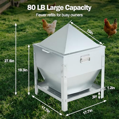 80LBS Large Metal Chicken Feeder, Galvanized Steel Gravity Chicken Feeder with 4-Sided Trough, No Waste Design, Waterproof Locking Lid, Heavy Duty Automatic Outdoor Poultry Feeder for Backyard & Farm