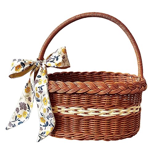 Wicker Basket with Handles, PP Woven Empty Picnic Basket, Vintage Hand Woven Hamper for Picnics Easter Egg Gathering Camping Mother's Day Wedding Birthday Party Supplies, Style F
