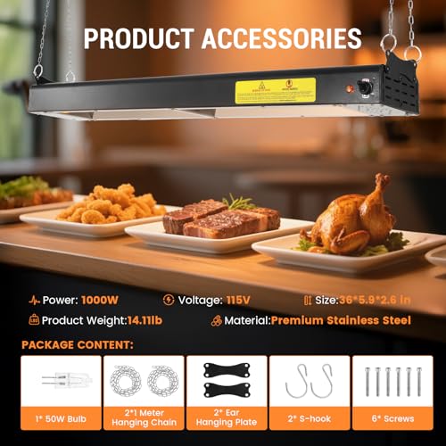 36-Inch Food Heat Lamp, 1000W Commercial Food Warmer Lamp Electric Strip Heater Overhead Stainless Steel Heat Lamps for Buffet Restaurant Parties Catering, Black 115V - color: Black, size: 36 Inch