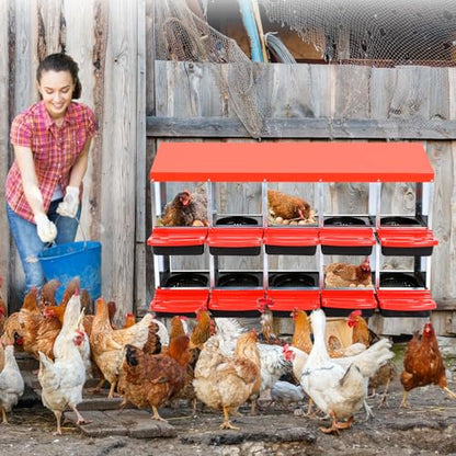 Nesting Boxes for Chickens - 10 Compartment Metal Roll Away Chicken Laying Boxes with Lid Cover, Protect Eggs, Easy Egg Collection, Chicken Nesting Box for Chicken Coop